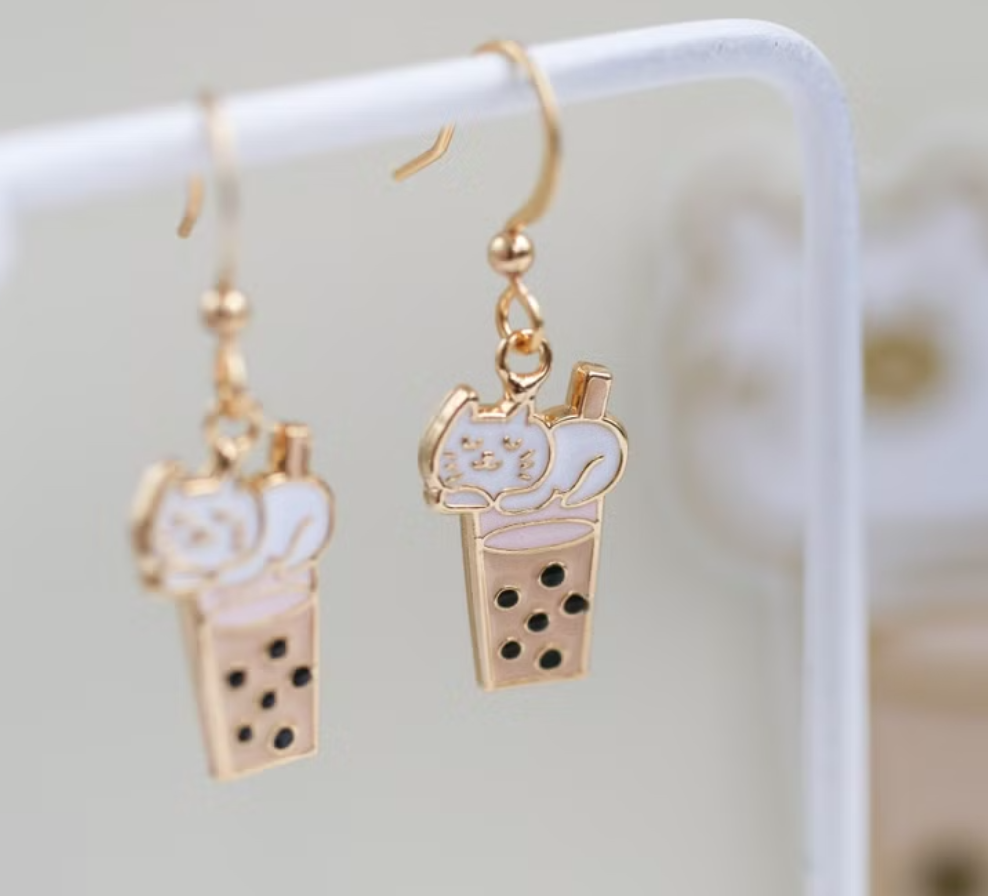 貓咪奶蓋珍奶耳環｜台灣禮物